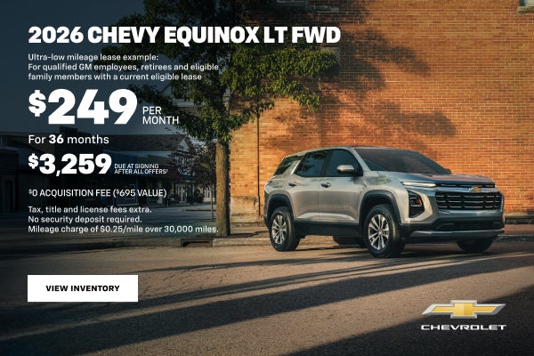 2026 Chevy Equinox LT FWD. Ultra-low mileage lease example: For qualified GM employees, retirees ...